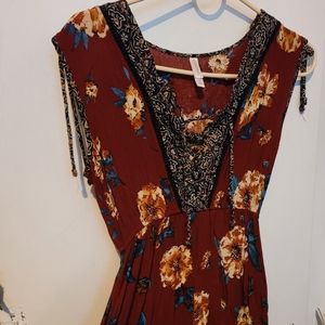 Burgundy yellow/orange tied dront romper from Target, only worn once. SZ XS